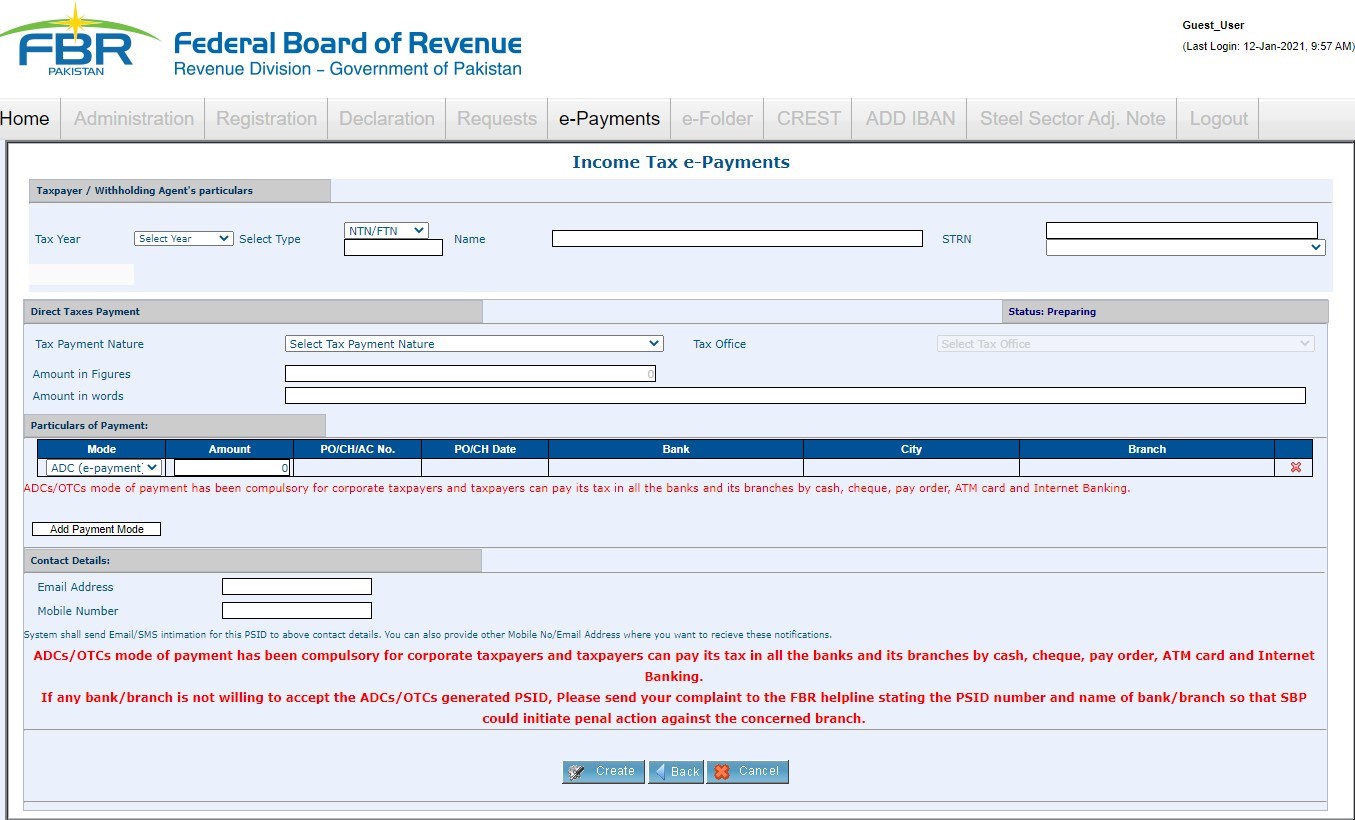 fbr income tax e payment